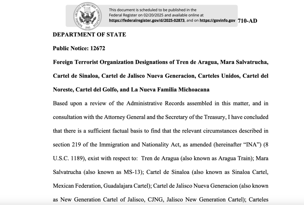 El Departamento de Estado de Estados Unidos formalizó la designación de seis cárteles del narcotráfico de origen mexicano
